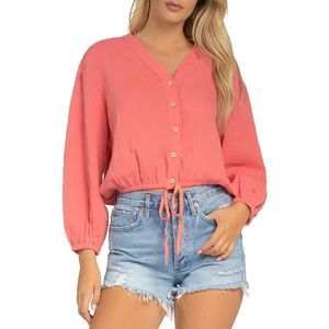 Elan Womens Cora Pink Button Down Long Sleeved Tee Crop Top NWT